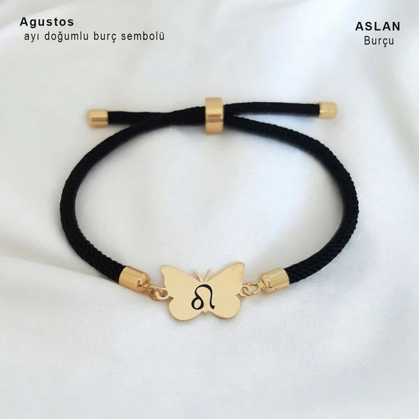 Doğum Ayına Özel 14 Ayar Altın Plakalı Kelebek Figürlü Siyah İpek Örgülü Hediye Bileklik-480 ürün görseli