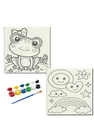 dudugift OKUL Etkinliği-2'li Tuval Boyama Seti. 20x20 Cm Uv Baskı 6 Akrilik Boya 1 Fırça-model-282