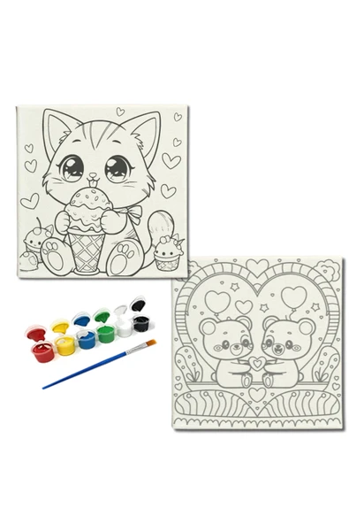 dudugift OKUL Etkinliği-2'li Tuval Boyama Seti. 20x20 Cm Uv Baskı 6 Akrilik Boya 1 Fırça-model-207