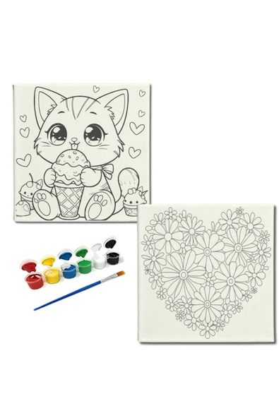dudugift OKUL Etkinliği-2'li Tuval Boyama Seti. 20x20 Cm Uv Baskı 6 Akrilik Boya 1 Fırça-model-254 - 1