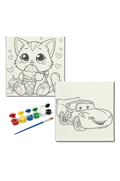 dudugift OKUL Etkinliği-2'li Tuval Boyama Seti. 20x20 Cm Uv Baskı 6 Akrilik Boya 1 Fırça-model-371