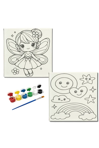 dudugift OKUL Etkinliği-2'li Tuval Boyama Seti. 20x20 Cm Uv Baskı 6 Akrilik Boya 1 Fırça-model-281