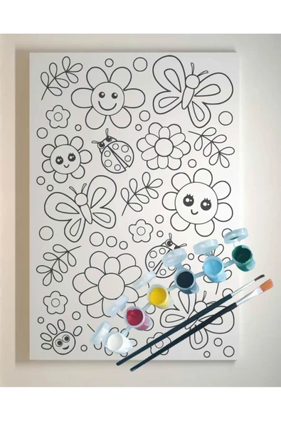 dudugift 25x35 Resimli Tuval Çocuk Boyama Seti- ÇİÇEKLER renk akrilik boya ve 2 fırça adet fırça - 3