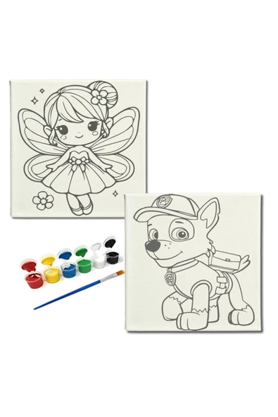 dudugift OKUL Etkinliği-2'li Tuval Boyama Seti. 20x20 Cm Uv Baskı 6 Akrilik Boya 1 Fırça-model-395