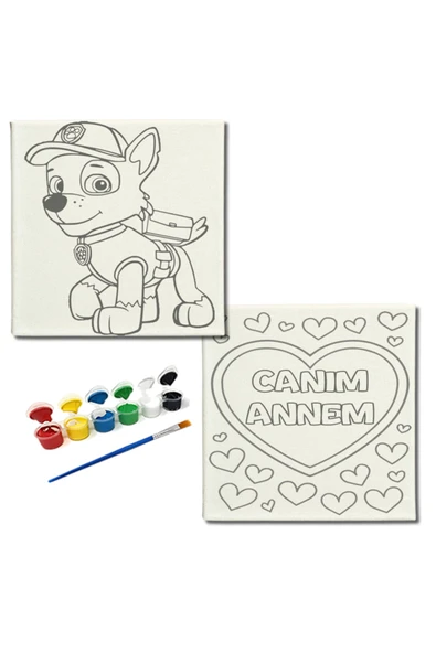 dudugift OKUL Etkinliği-2'li Tuval Boyama Seti. 20x20 Cm Uv Baskı 6 Akrilik Boya 1 Fırça-model-314