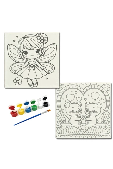 dudugift OKUL Etkinliği-2'li Tuval Boyama Seti. 20x20 Cm Uv Baskı 6 Akrilik Boya 1 Fırça-model-212 - 1