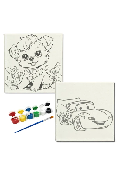 dudugift OKUL Etkinliği-2'li Tuval Boyama Seti. 20x20 Cm Uv Baskı 6 Akrilik Boya 1 Fırça-model-374