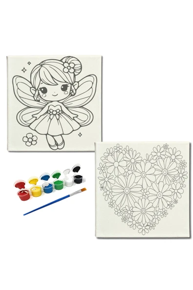 dudugift OKUL Etkinliği-2'li Tuval Boyama Seti. 20x20 Cm Uv Baskı 6 Akrilik Boya 1 Fırça-model-249