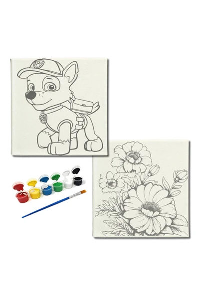 dudugift OKUL Etkinliği-2'li Tuval Boyama Seti. 20x20 Cm Uv Baskı 6 Akrilik Boya 1 Fırça-model-317