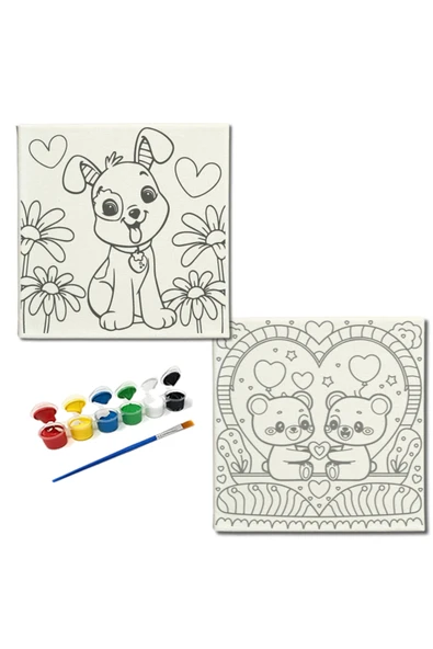 dudugift OKUL Etkinliği -2'li Tuval Boyama Seti. 20x20 Cm Uv Baskı 6 Akrilik Boya 1 Fırça-model-209 - 1