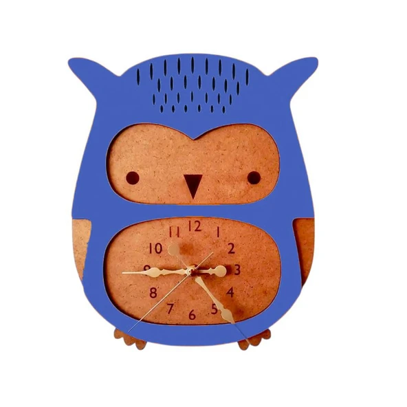 Baykuş Detaylı Mavi Çocuk Duvar Saati ürün görseli 1