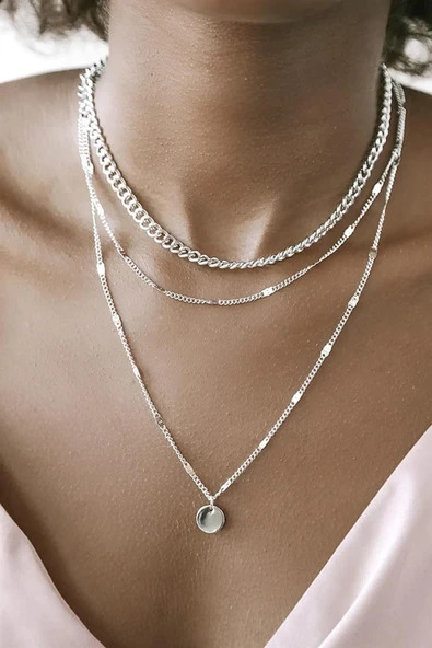 Kadın Katlı Zincir Kolye Pullu Gümüş Renk ürün görseli 1