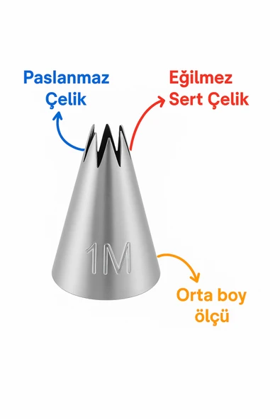 Kitchenify Krema Sıkma Torbası Ucu Paslanmaz Çelik 1M Açık Yıldız Orta Boy, Krema Duyu, Şanti Torbası Ucu, - Resim 8