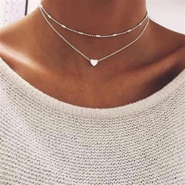 Gümüş Renk Gerdanlık Kolye Kadınlar İçin Top Zincir Kalp Kolye - Resim 2