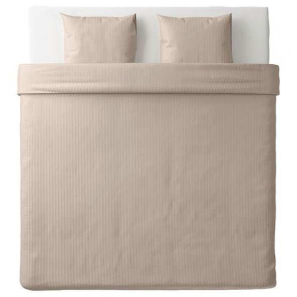 Çift Kişilik Nevresim Takımı, Açık Bej Renk-Çizgili 240x220/50x60 Cm-Pamuk-Çarşafsız - 3