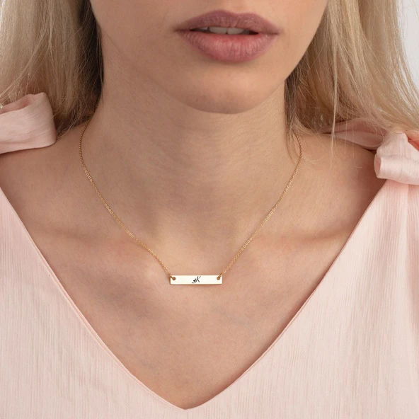 Harfe Özel 14 Ayar Altın Plakalı Dikdörtgen Figürlü Altın Renkli Zincirli Hediyelik Kolye-484 ürün görseli