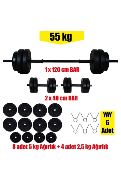 Aydın Sport 55 Kg 150 Cm Uzun Bar Dambıl Seti, Halter Seti Ve Fitness Ağırlık Seti - 2