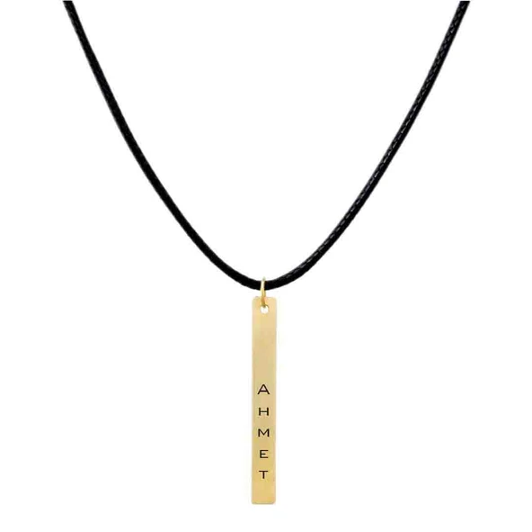 İsme Özel Dikdörtgen Figürlü Hakiki Mor Derili 14 Ayar Altın Plakalı Hediyelik Kolye-483 - 2