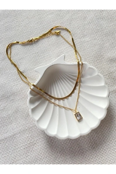 Altın Renk İtalyan Bakla Zincirli Taşlı Çelik Kolye - Resim 3