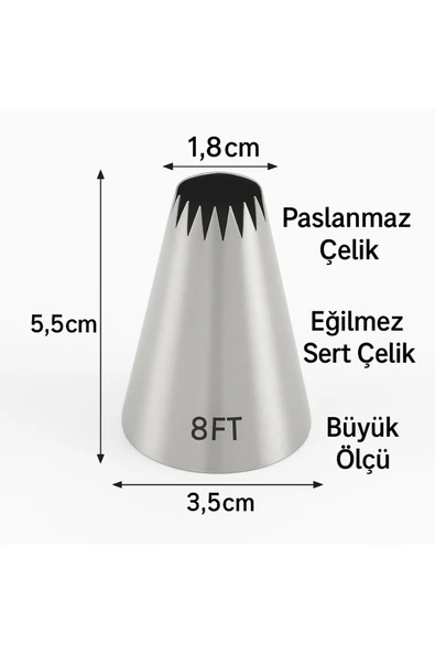 Kitchenify Krema Sıkma Torbası Ucu Paslanmaz Çelik 8FT Büyük Boy, Krema Duyu, Şanti Torbası Ucu, - Resim 5