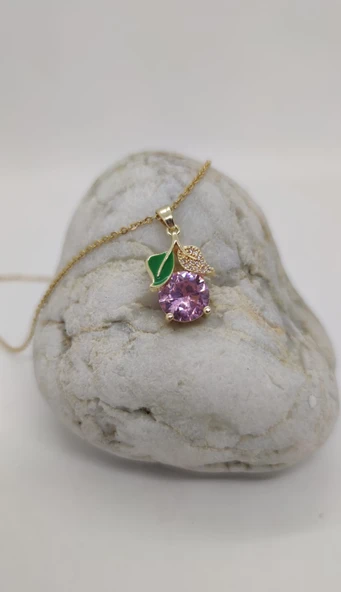 Meyve Figürlü Pembe Taşlı Çelik Kolye ürün görseli