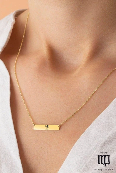 Burca Özel Dikdörtgen Figürlü Altın Renkli Zincirli 14 Ayar Altın Plakalı Hediyelik Kolye-484 ürün görseli