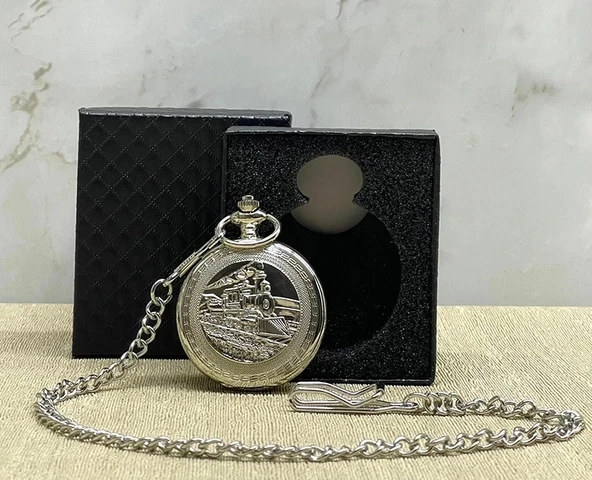 Özel Kutulu Tren Temali Gümüş Köstekli Saat Alk4675 ürün görseli