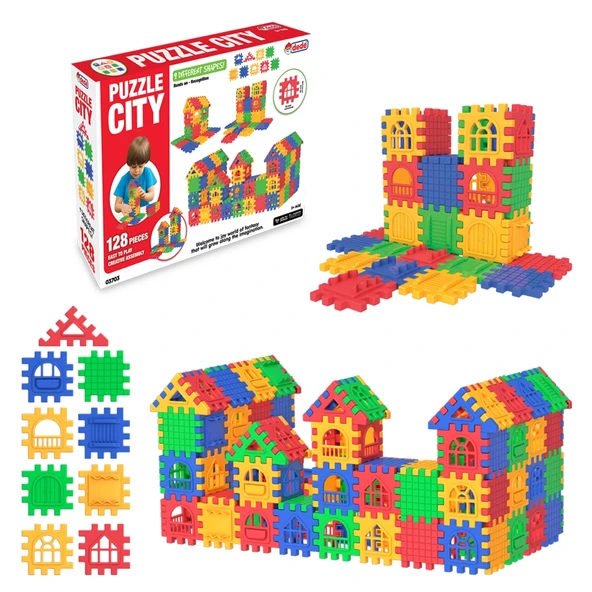 Puzzle City (128 Parça) - Lego Setleri - Ev Blokları - Şekilli Lego - Kare Bloklar - 1