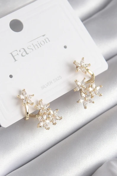 Pirinç Gold Renk Zirkon Taşlı Çiçek Tasarım Kadın Küpe ürün görseli 1