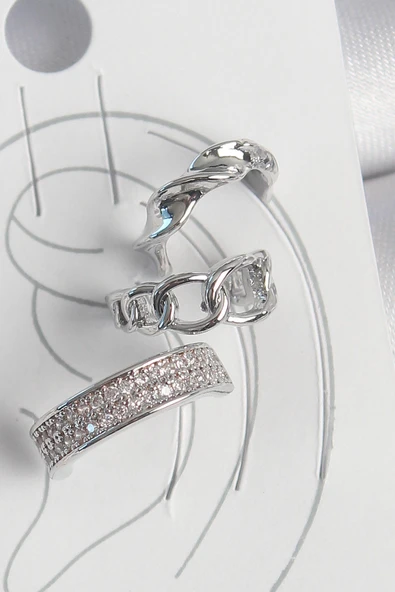 Pirinç Gümüş Renk Zirkon Taşlı 3'Lü Zincir Sarmal Model Kadın Kıkırdak Küpe ürün görseli 1