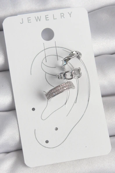 Pirinç Gümüş Renk Zirkon Taşlı 3'Lü Zincir Sarmal Model Kadın Kıkırdak Küpe - Resim 2