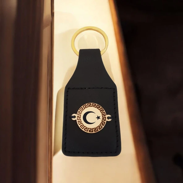 Sembole Özel Hakiki Siyah Derili 14 Ayar Altın Plakalı Yuvarlak Figürlü Hediyelik Anahtarlık-485 ürün görseli