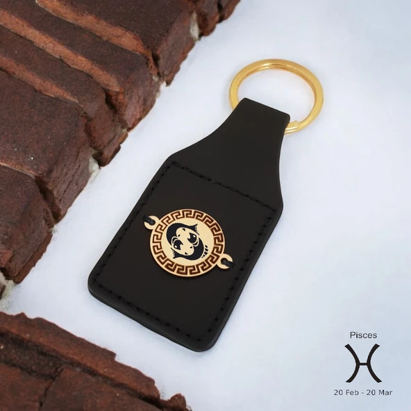 Burca Özel Yuvarlak Figürlü Hakiki Siyah Derili 14 Ayar Altın Plakalı Hediyelik Anahtarlık-485 ürün görseli