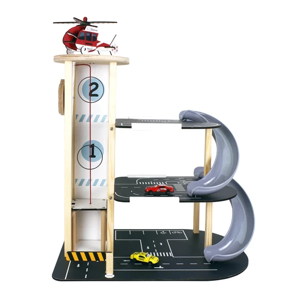 Ahşap Asansörlü Otopark - Üç Katlı Garaj Seti - Hotwheels Garaj Seti - Otopak Seti - Kaydıraklı Garaj - 2