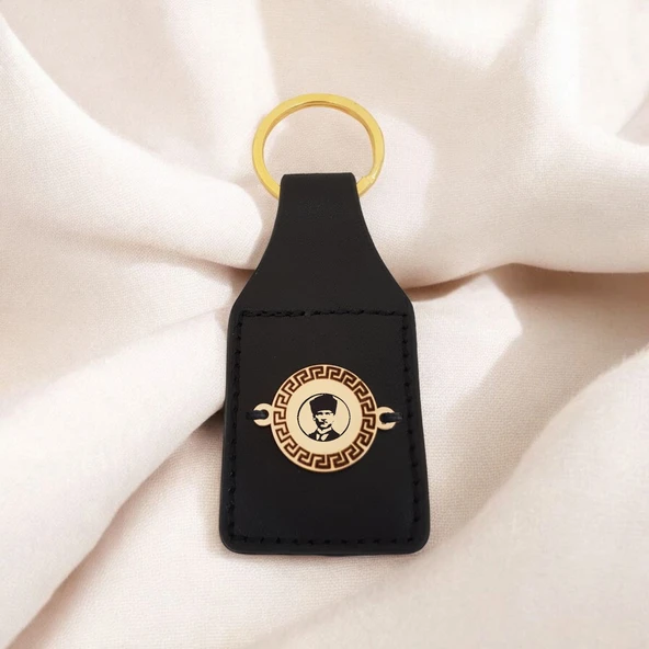 Sembole Özel Doğal Siyah Derili 14 Ayar Altın Plakalı Yuvarlak Motifli Hediyelik Anahtarlık-486 ürün görseli