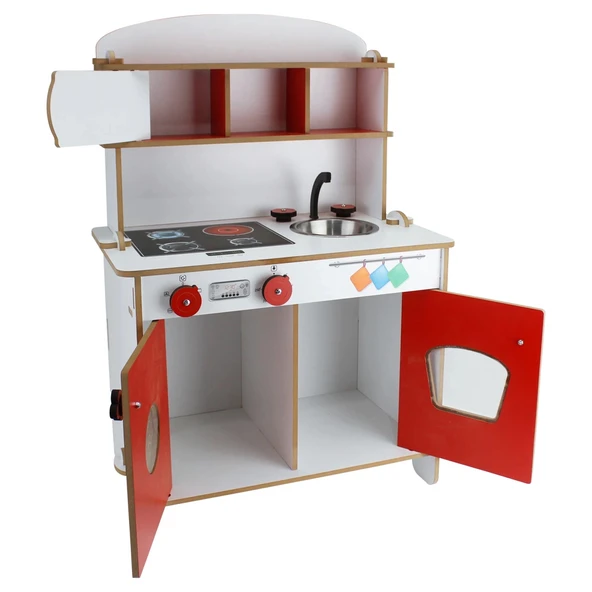 Pratik Hamarat Ahşap Mutfak - Ahşap Çocuk Mutfağı - Mutfak Seti - Kapaklı Mutfak - Kırmızı - Resim 2