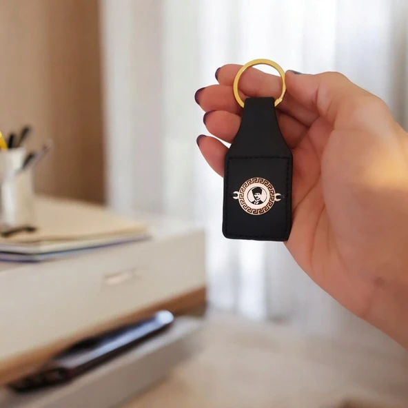 Sembole Özel Doğal Siyah Derili 14 Ayar Altın Plakalı Yuvarlak Motifli Hediyelik Anahtarlık-486 - Resim 2