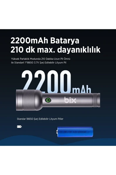 Bx2186fl 3w Led 910 Lümen, Şarjlı, Çok Modlu Uzun Menzilli Kompakt El Feneri - Resim 5