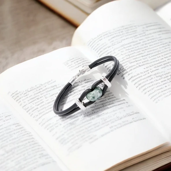 Yeşil Jasper Doğal Taşlı Deri Ve Çelik Bileklik 31832B14D4 - Resim 5