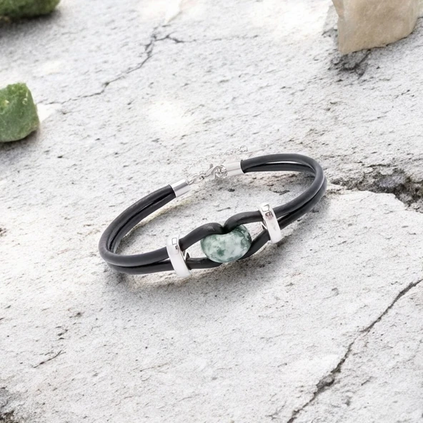 Yeşil Jasper Doğal Taşlı Deri Ve Çelik Bileklik 31832B14D4 - Resim 3