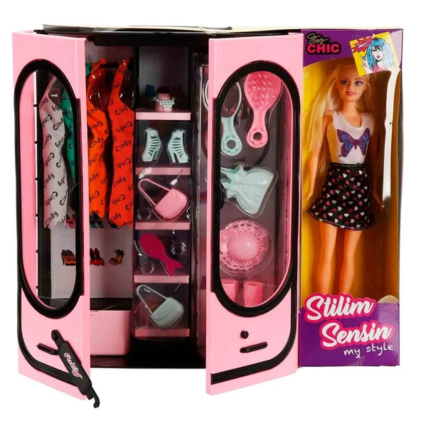 Cindy Doll Bebekli Aksesuarlı Gardırop Açık Pembe - Barbie Dolap - Barbie Giysi Dolabı - Barbie Gardırop - Gardrop - 3