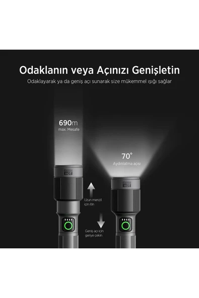 Bx2101fl 30w Led 690 Metre Uzun Menzilli Şarjlı El Feneri 1450 Lümen Güç Göstergeli Zoom Özellik - Resim 6