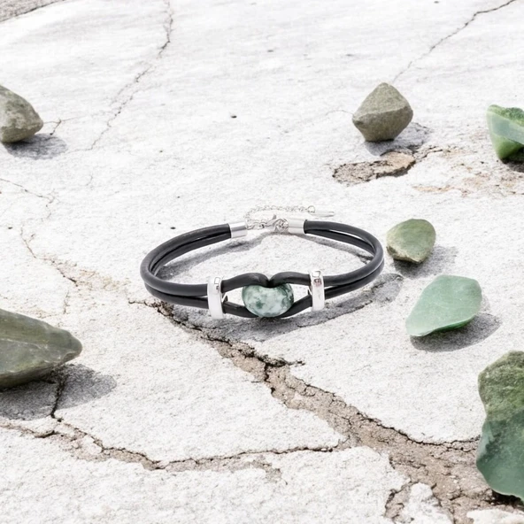 Yeşil Jasper Doğal Taşlı Deri Ve Çelik Bileklik 31832B14D4 - Resim 2