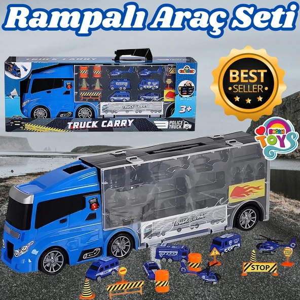 Rampalı Polis Tır Seti - Polis Taşıyıcı Tır - Kaydıraklı Kamyon - Araç Yol Seti - Tır Yol Seti - Oyuncak Araç Seti ürün görseli