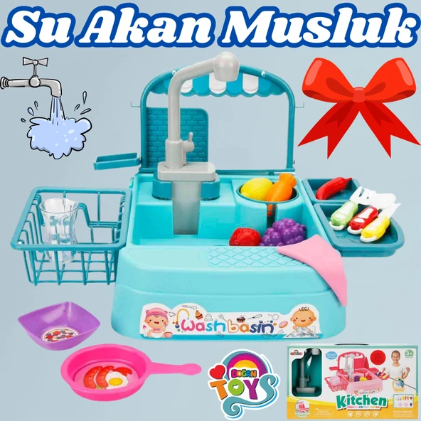 Mavi Su Akıtan Mutfak Lavabosu Seti - Çeşmeli Sesli Lavabo - Mutfak Seti - Su Akan Musluk - Akan Musluk Oyuncak - 1