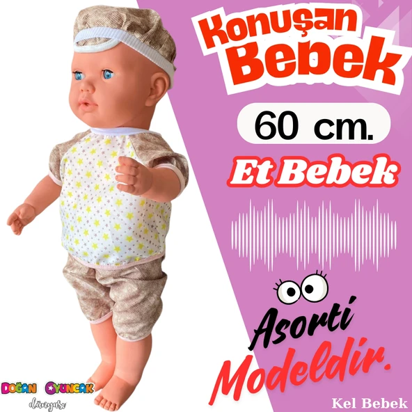 Oynar Gözlü Türkçe Konuşan Berke Kel Et Bebek 60 Cm. - Konuşabilen Bebek - Kel Büyük Bebek - 2