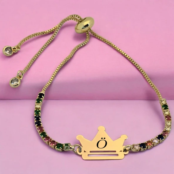 Harfe Özel Zincirli 14 Ayar Altın Plakalı Taç Motifli Renkli Taş Desenli Hediye Bileklik-489 ürün görseli