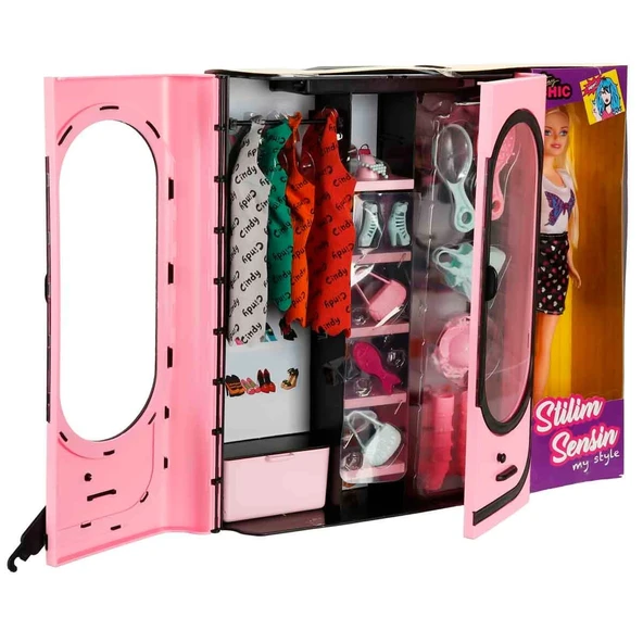 Cindy Doll Bebekli Aksesuarlı Gardırop Açık Pembe - Barbie Dolap - Barbie Giysi Dolabı - Barbie Gardırop - Gardrop - 2