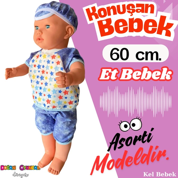 Oynar Gözlü Türkçe Konuşan Berke Kel Et Bebek 60 Cm. - Konuşabilen Bebek - Kel Büyük Bebek - 1
