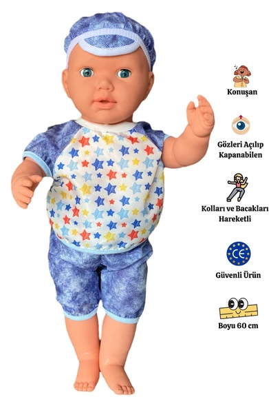Oynar Gözlü Türkçe Konuşan Berke Kel Et Bebek 60 Cm. - Konuşabilen Bebek - Kel Büyük Bebek - 7